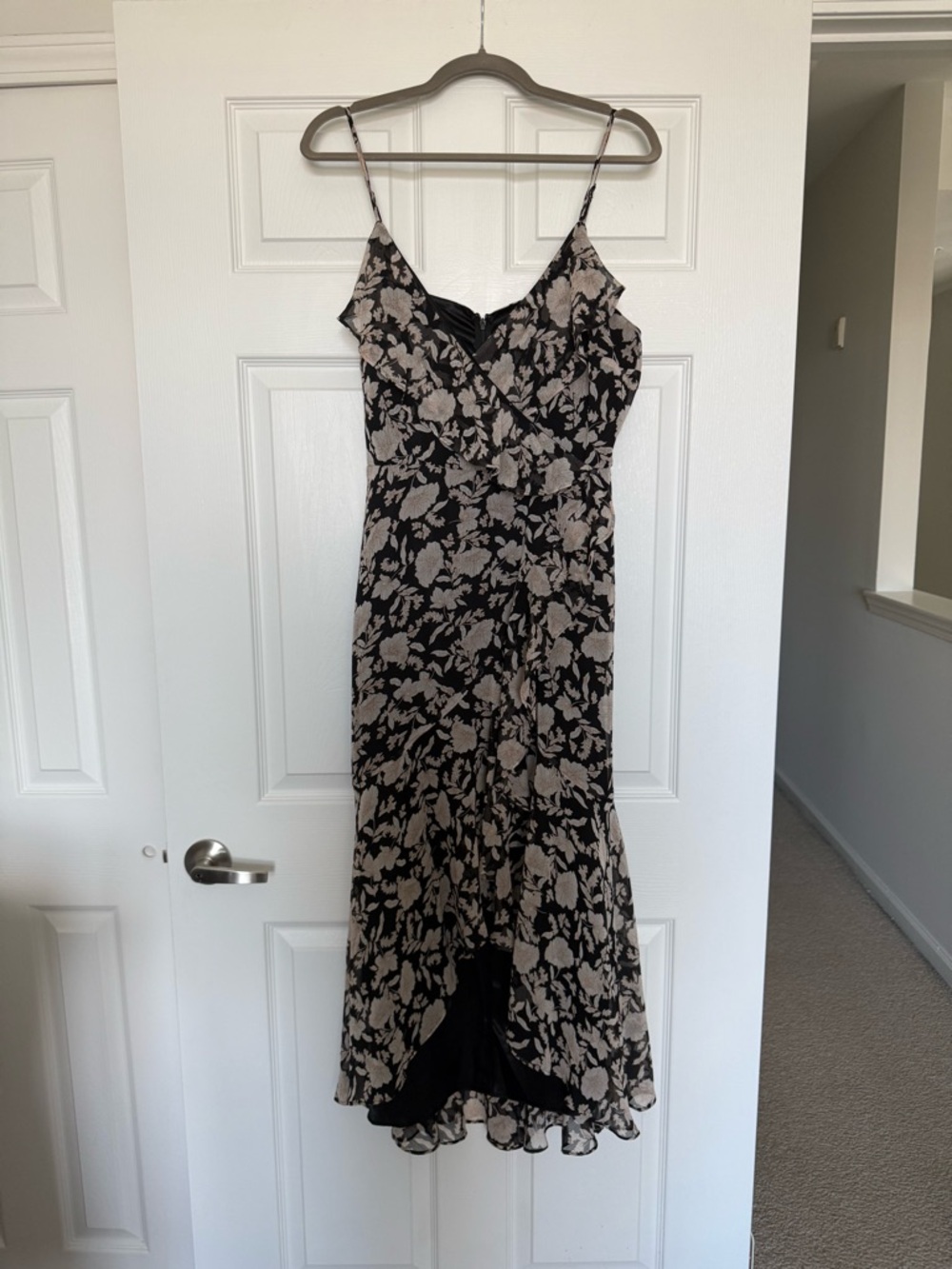 Express Black & Beige Floral High-Low Slip Dress